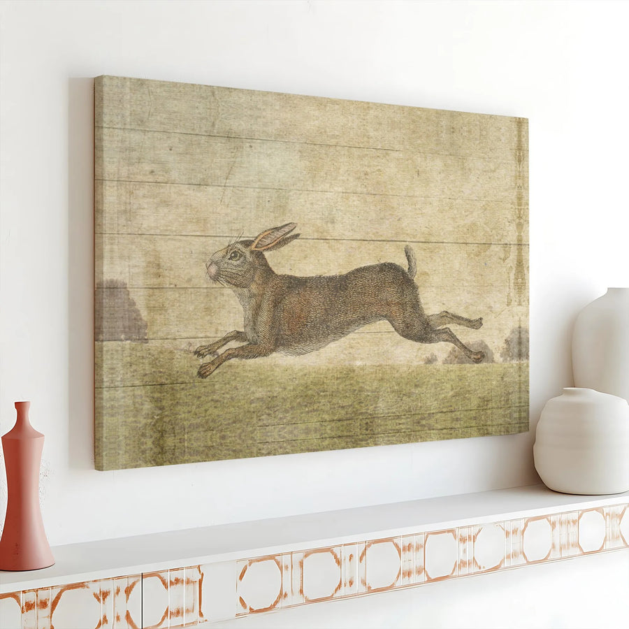 Vintage Running Hare Canvas Print | Rustic Wood Grain Woodland Art | Premium 1.25-Inch Gallery Wrap | Nature-Inspired Home Decor Gift