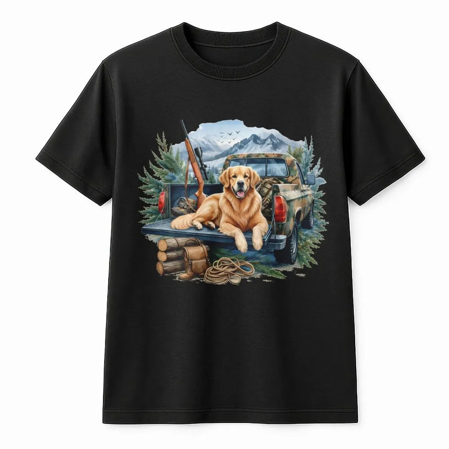 Golden Retriever Hunting T-Shirt | Vintage Pickup Truck Outdoor Graphic | Premium Soft Cotton Tee | Nature Lover Wildlife Gift For Him & Her