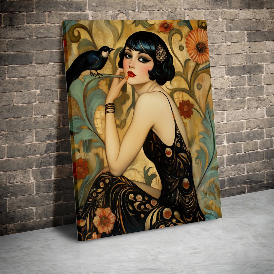 Art Deco Woman Canvas Print | Vintage 1920s Flapper Girl with Bird | Premium Gallery Wrapped Canvas | Roaring Twenties Home Decor Collector's Gift