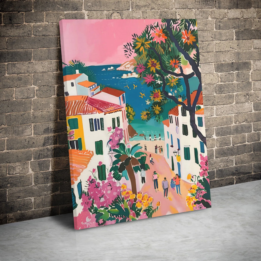Mediterranean Coastal Village Canvas Print | Vibrant Seaside Town Artwork | Gallery Wrapped Premium Wall Decor | Amalfi Coast Inspired Gift