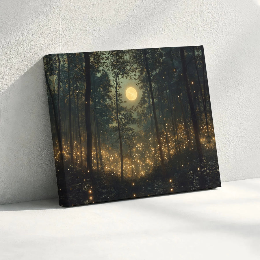Enchanted Forest Canvas Wall Art | Glowing Fireflies and Full Moon | Premium Gallery-Wrapped Print | Nature Lover Home Decor Gift