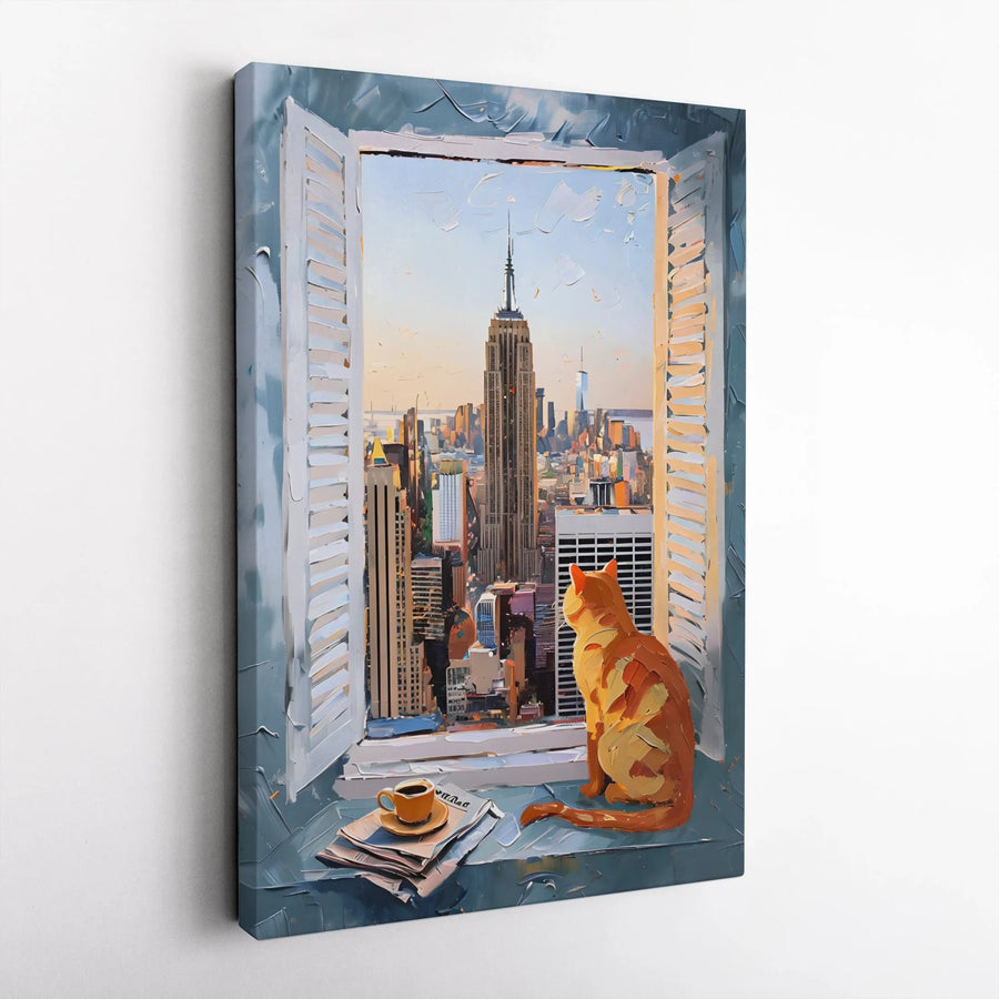 NYC Skyline Canvas Print | Orange Cat Gazing at Empire State Building | Gallery-Wrapped Premium Decor | Unique Gift for Cat Lovers