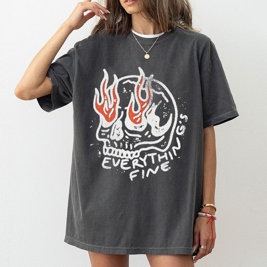 Everything Is Fine T-Shirt | Burning Skull Graphic Print | 100% Cotton Premium Quality | Edgy Grunge Rock Apparel Gift