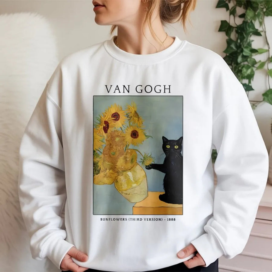 Van Gogh Cat Sweatshirt | Sunflower Art Funny Black Cat Graphic | Premium Cotton Blend | Artistic Gift for Cat Lovers & Art Teachers