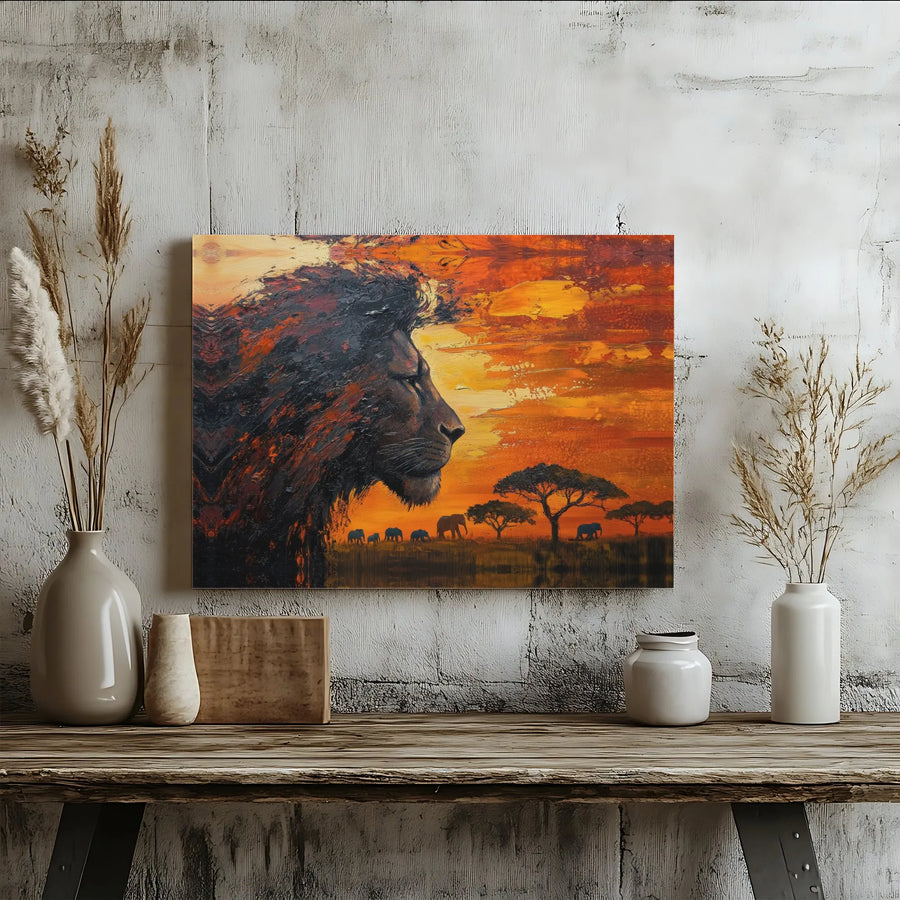 Lion Canvas Wall Art | African Savannah Sunset with Elephants | Premium Gallery Canvas | Wildlife Home Decor Gift