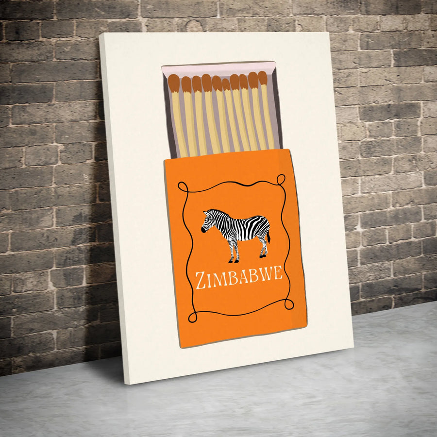 Zimbabwe Zebra Matchbox Art Print | Mid-Century Modern Illustration | Premium Gallery Canvas | Unique Travel Decor Gift for Safari Lovers