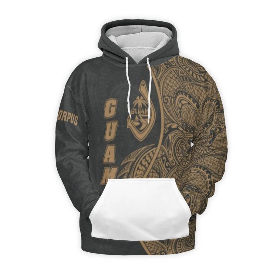 Guam Hoodie | Polynesian Tribal Tattoo Print with Island Seal | Premium Polyester Brushed Fleece | Gift for Chamorro Pride Heritage