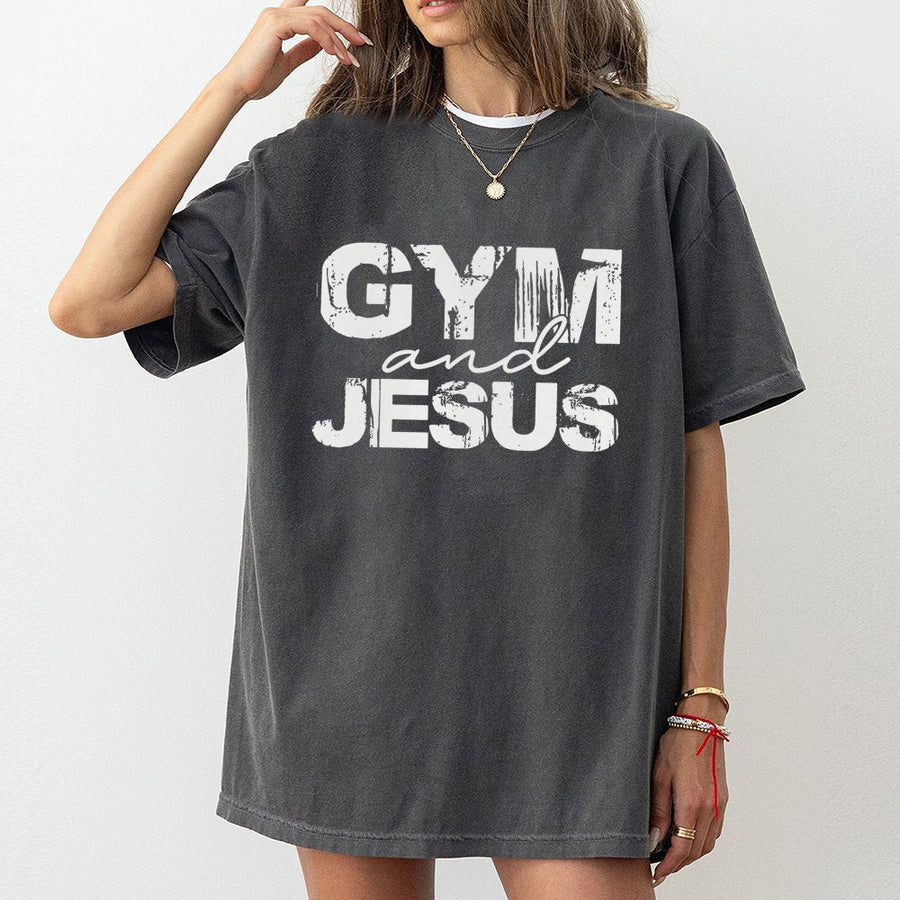 Gym and Jesus T-Shirt | Distressed Graphic Faith Workout Shirt | 100% Cotton Premium Tee | Christian Fitness Gift for Men and Women