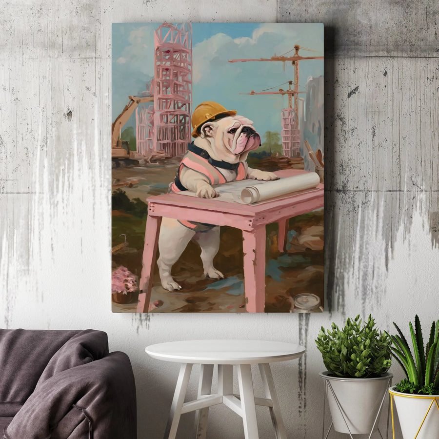 English Bulldog Construction Worker Canvas | Funny Architect Dog Wall Art | Premium 1.25" Gallery Wrap | Unique Gift for Contractor Engineer