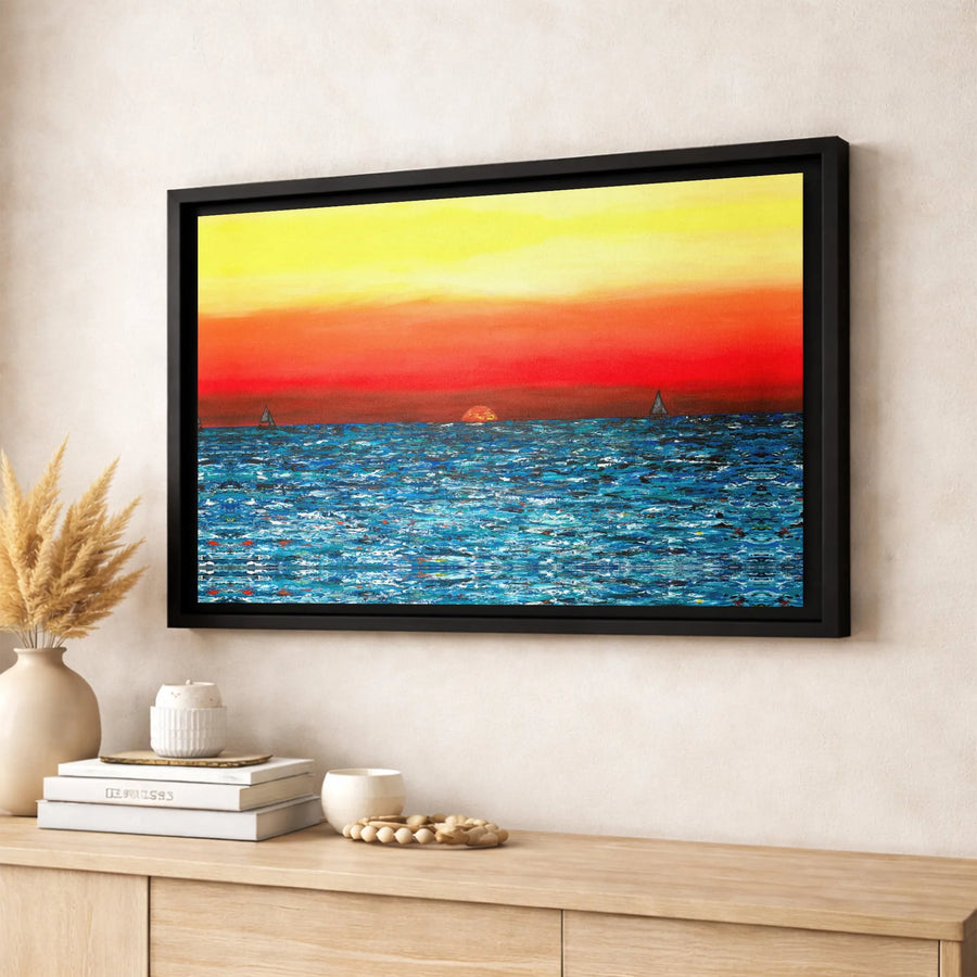 Ocean Sunset Wall Art Canvas | Impressionist Sailboat Seascape | Premium Gallery Wrapped Print | Coastal Home Decor for Living Room