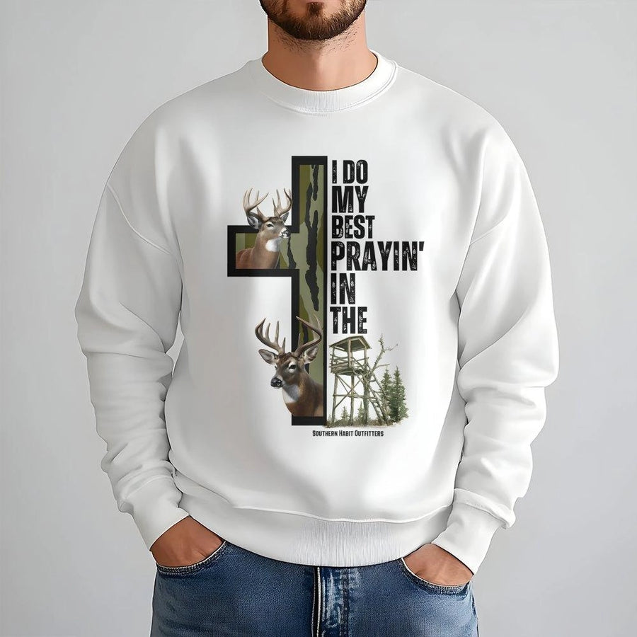 I Do My Best Prayin In The Deer Stand Sweatshirt | Hunting Cross Graphic Design | Premium Cotton Blend | Gift For Hunters And Outdoorsmen