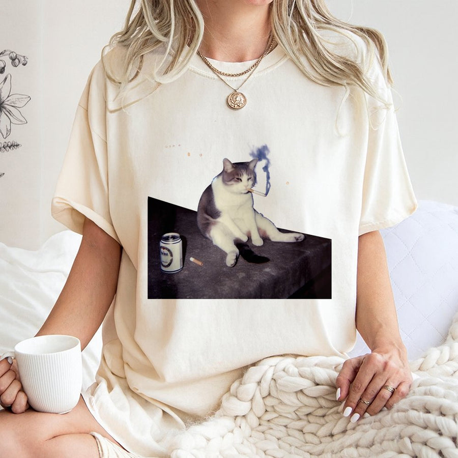 Funny Cat T-Shirt | Smoking Cat With Beer Graphic | 100% Cotton Premium Tee | Quirky Animal Lover Gift For Men And Women