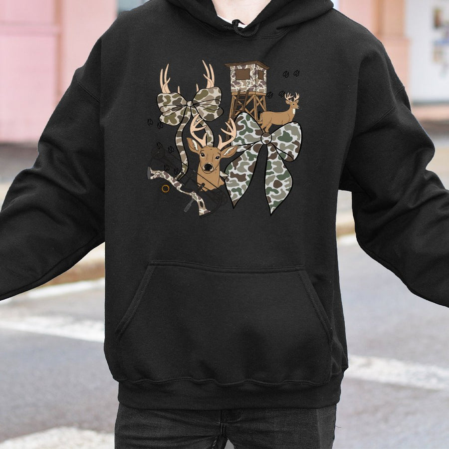 Hunting Season Hoodie | Deer Bow Coquette Camo Aesthetic | Premium Cotton Blend | Gift For Women Who Hunt
