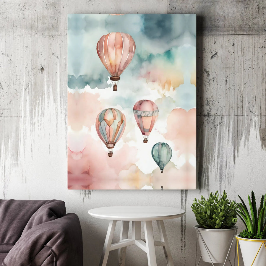 Hot Air Balloon Canvas Art | Watercolor Pastel Clouds Wall Decor | Premium Fade-Resistant Print | Nursery & Living Room Gallery Gift