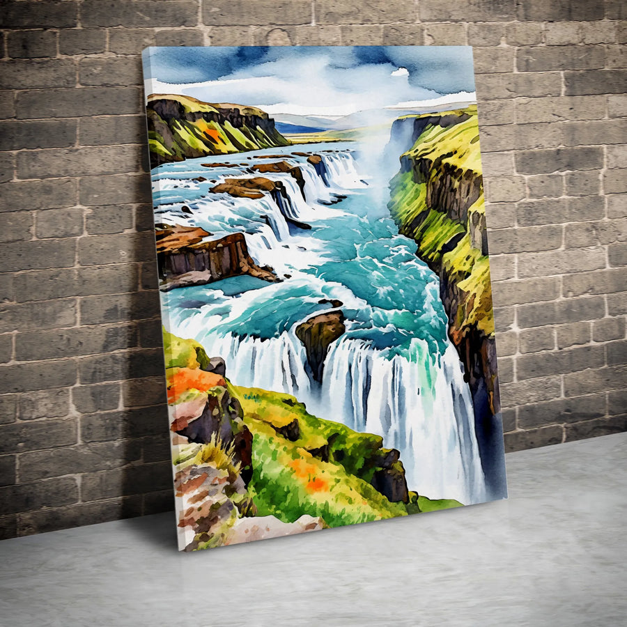 Icelandic Waterfall Canvas Art | Gullfoss Watercolor Landscape Print | Premium Thick Gallery Canvas | Living Room & Office Wall Decor Gift