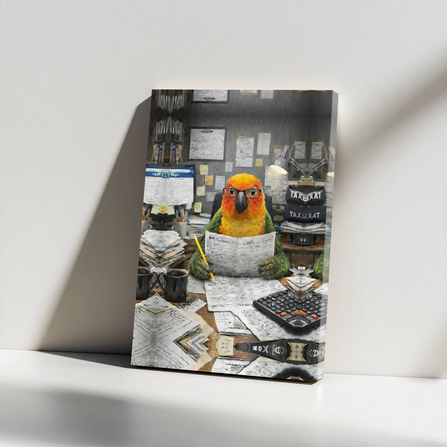 Funny Parrot Accountant Canvas Wall Art | Humorous Bird Doing Taxes Office Decor | Premium Framed Canvas | Gift for Accountant CPA