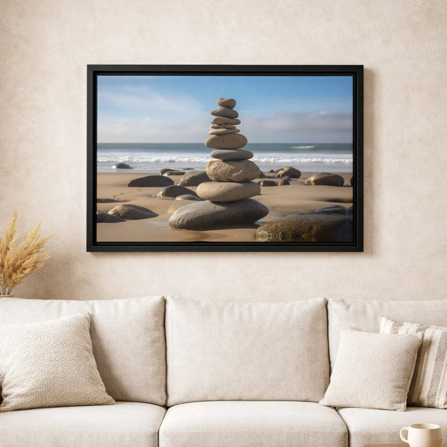 Zen Stacked Stones Canvas Art | Coastal Beach Meditation Print | 1.25 Inch Gallery Wrap | Calming Home Office Decor