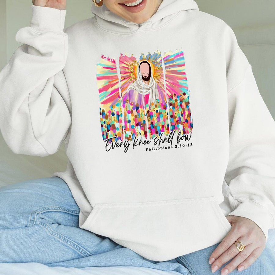 Every Knee Shall Bow Hoodie | Colorful Jesus Bible Verse Graphic | Premium Cotton Blend | Christian Faith Gift for Believers