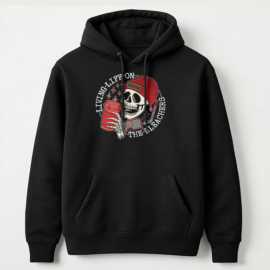 Living Life On The Bleachers Hoodie | Hockey Mom Skull Graphic | Premium Cotton Blend | Gift For Hockey Moms & Sports Fans