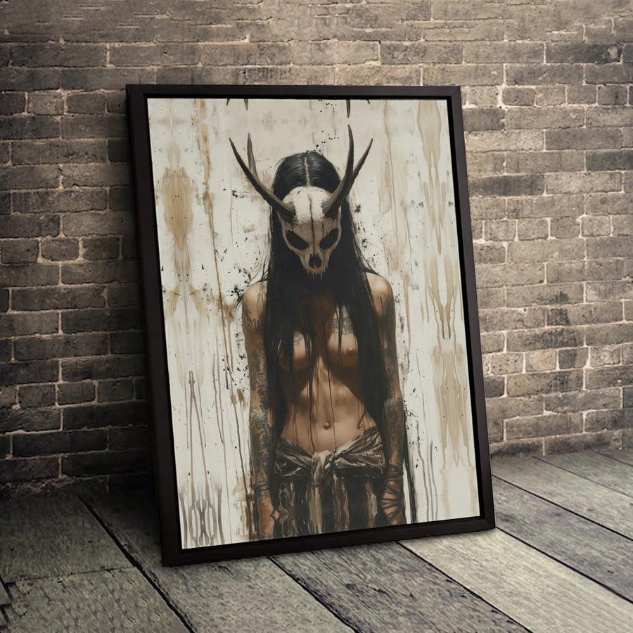 Gothic Skull Mask Wall Art | Dark Surrealism Tattooed Woman Canvas | Premium Gallery Wrap Print | Edgy Home Decor for Bedroom or Studio