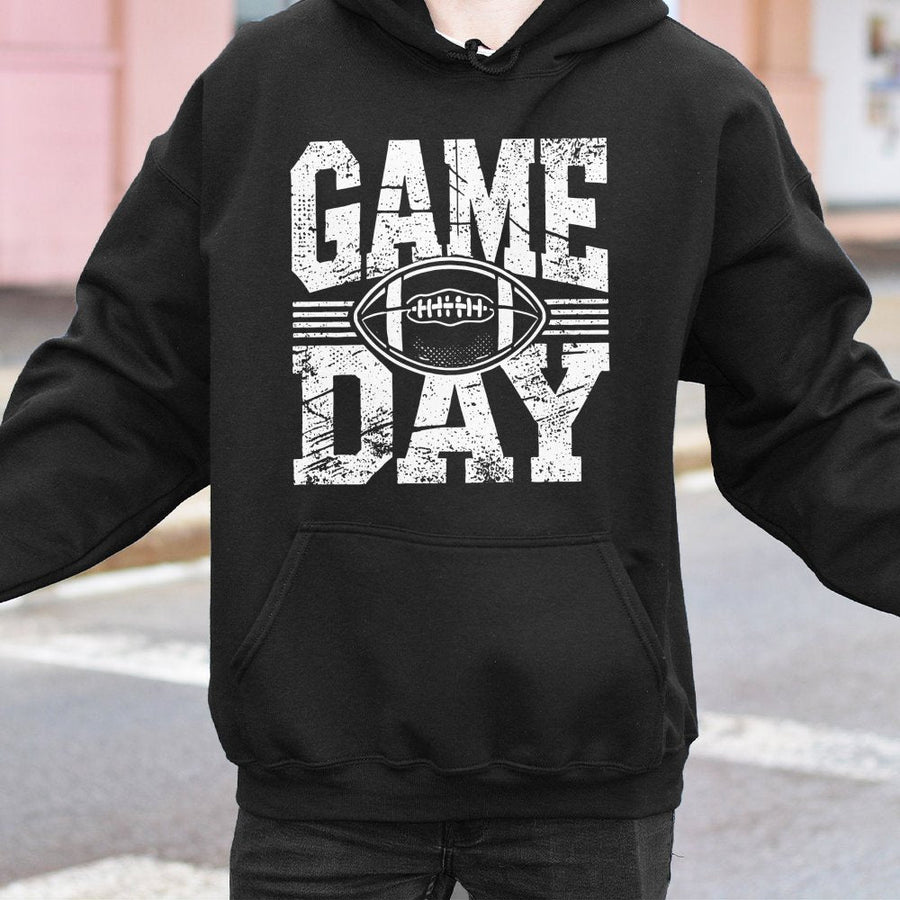 Game Day Football Hoodie | Distressed Graphic Print | Premium Cotton-Poly Blend | Unisex Sports Fan Gift for Fall Tailgating