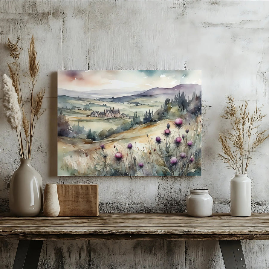 Scottish Thistle Landscape Canvas Art | Watercolor Countryside Painting Print | Premium Thick Gallery Wrap | Rustic Farmhouse Wall Decor Gift
