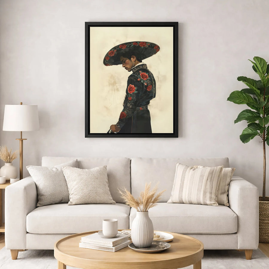 Mariachi Canvas Wall Art | Charro Suit With Red Roses Portrait | Premium Gallery Wrap Print | Mexican Culture Home Decor Gift