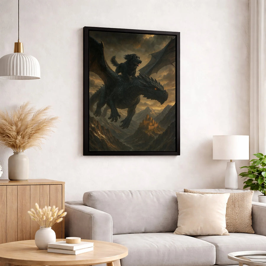Black Dog Riding Dragon Fantasy Canvas Wall Art | Epic Mythical Creature Portrait | Premium Fade-Resistant Print | Unique Gift for Fantasy Lovers