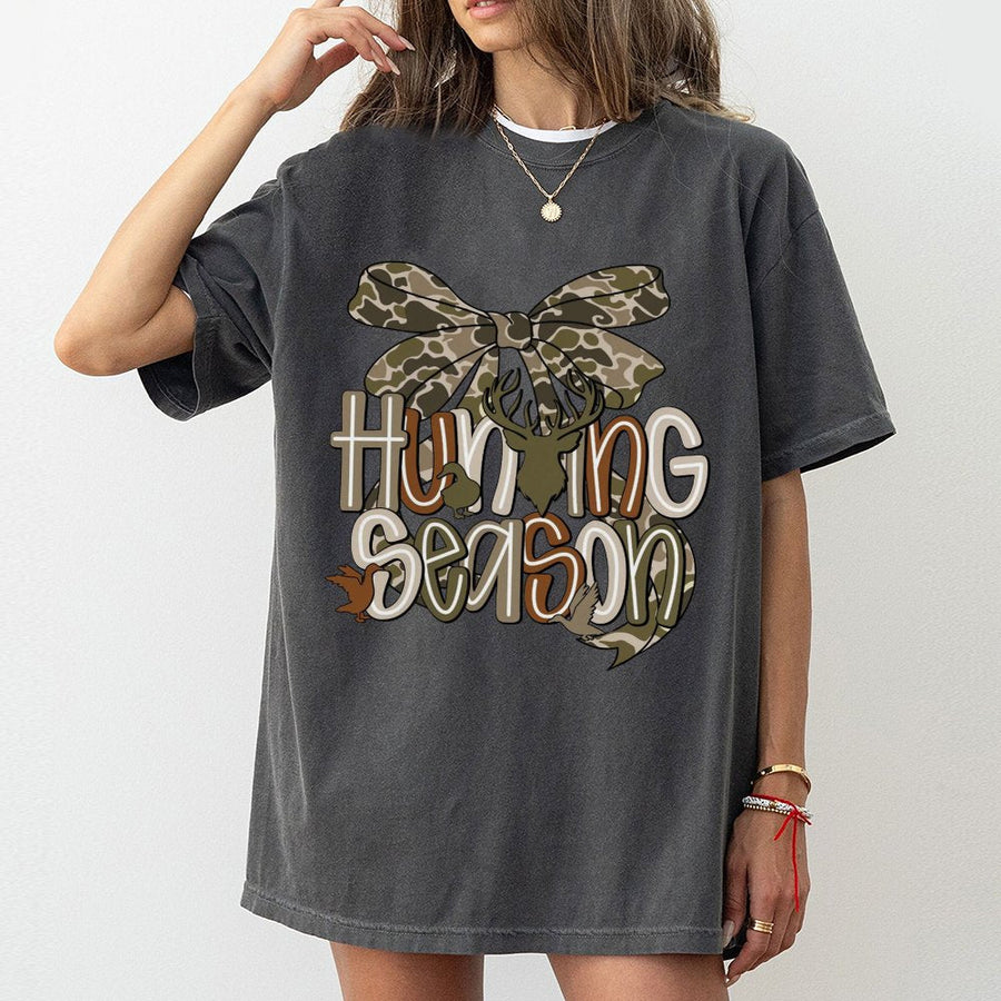 Hunting Season T-Shirt | Camo Coquette Bow Deer and Duck Design | 100% Cotton Premium Tee | Trendy Outdoor Gift for Women and Hunters