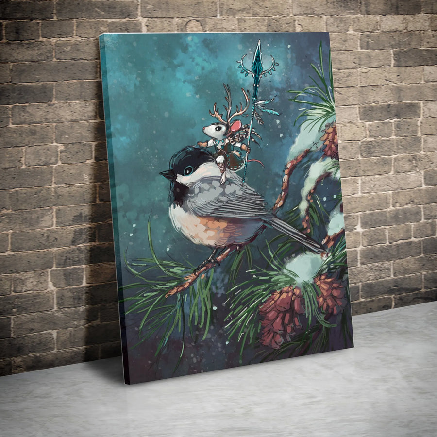 Fantasy Chickadee Canvas Print | Whimsical Mouse Warrior on Bird Illustration | Premium Gallery Wrapped Canvas | Nursery Wall Decor & Fantasy Art Gift