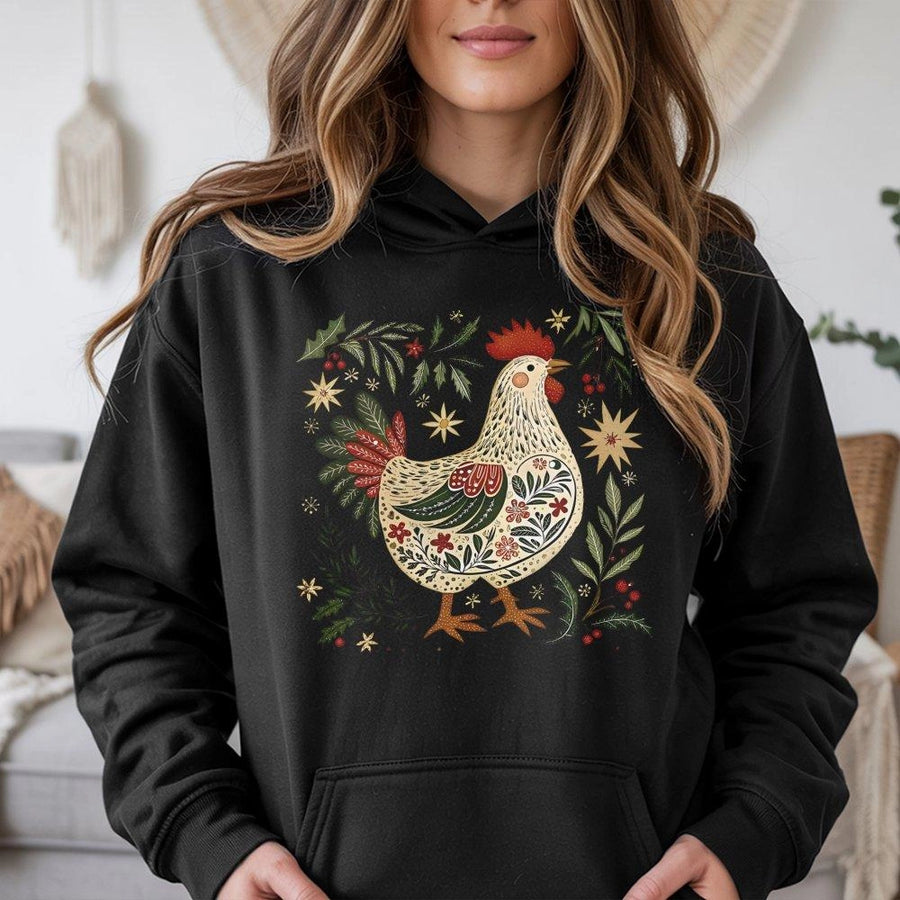 Christmas Chicken Hoodie | Folk Art Farm Animal Graphic | Cotton-Blend Premium Pullover | Unique Holiday Gift for Chicken Lovers