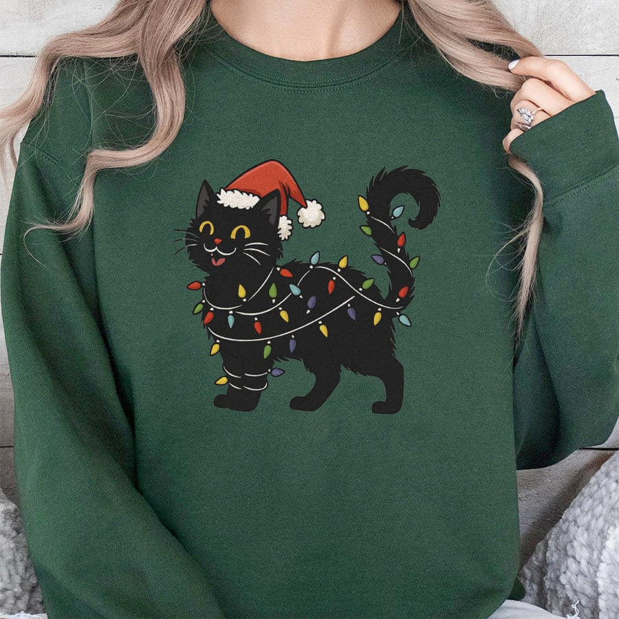 Black Cat Christmas Sweatshirt | Cute Kitten Tangled In Holiday Lights | Premium Cotton Blend | Funny Winter Gift For Cat Lovers