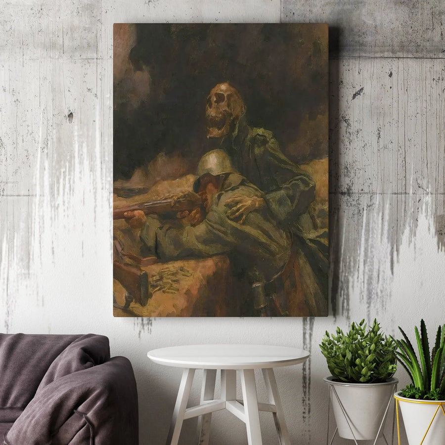 Soldier and Skeleton Canvas Print | Dark Surrealist War Art | Premium Gallery Wrapped Wall Decor | Gothic Military History Gift for Him