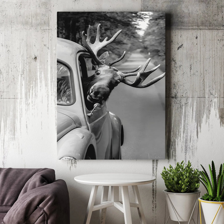 Moose In Car Canvas Art | Funny Wildlife Animal Portrait | Premium Gallery-Wrapped Print | Whimsical Home Decor Gift