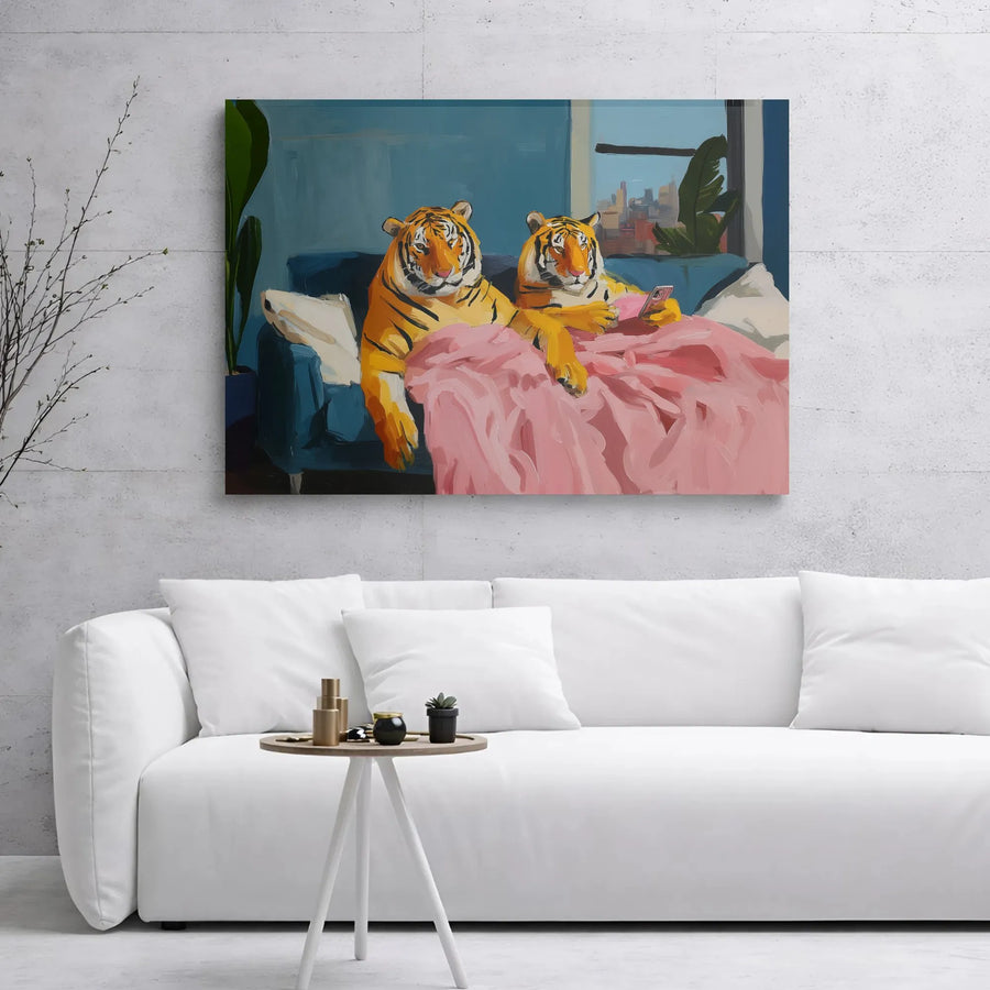Tiger Wall Art Canvas | Two Tigers Lounging On Couch Smartphone Painting | Premium Gallery-Wrapped Print | Whimsical Animal Home Decor Gift