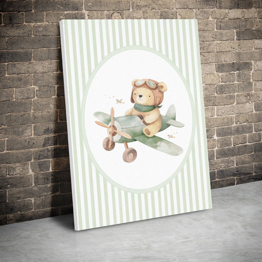 Aviator Teddy Bear Nursery Wall Art | Cute Watercolor Plane Illustration | Premium Gallery Wrap Canvas | Baby Boy Room Decor Gift