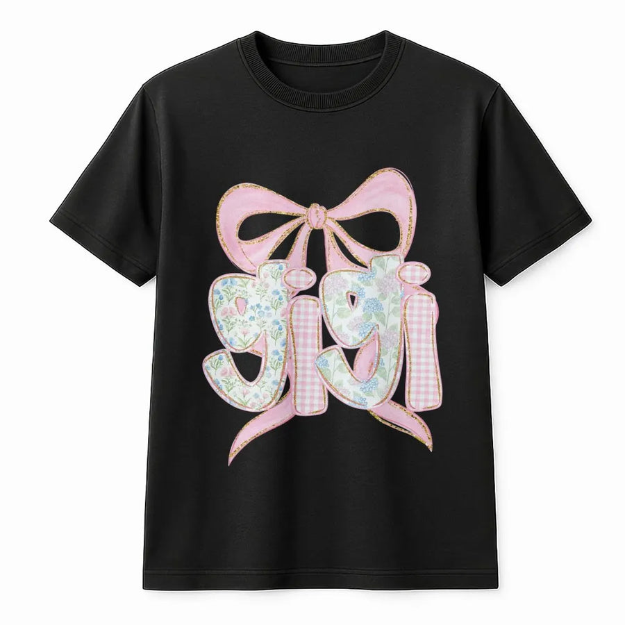 Gigi T-Shirt | Coquette Bow Floral Graphic | Premium Cotton Blend | Mother's Day Gift for Grandma, Baby Announcement