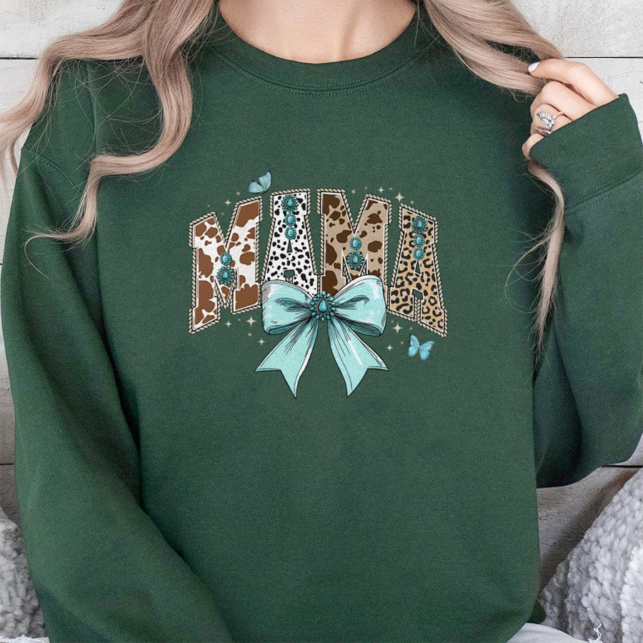 Cow Print Mama Sweatshirt | Western Boho Turquoise Bow Design | Premium Cotton-Poly Blend | Cute Trendy Mom Gift For Her