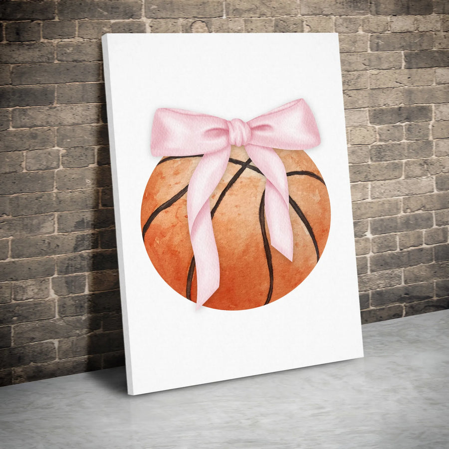 Basketball Wall Art | Watercolor Sporty Ball With Pink Bow | Premium Gallery-Wrapped Canvas | Gift For Basketball Mom Or Girl Athlete