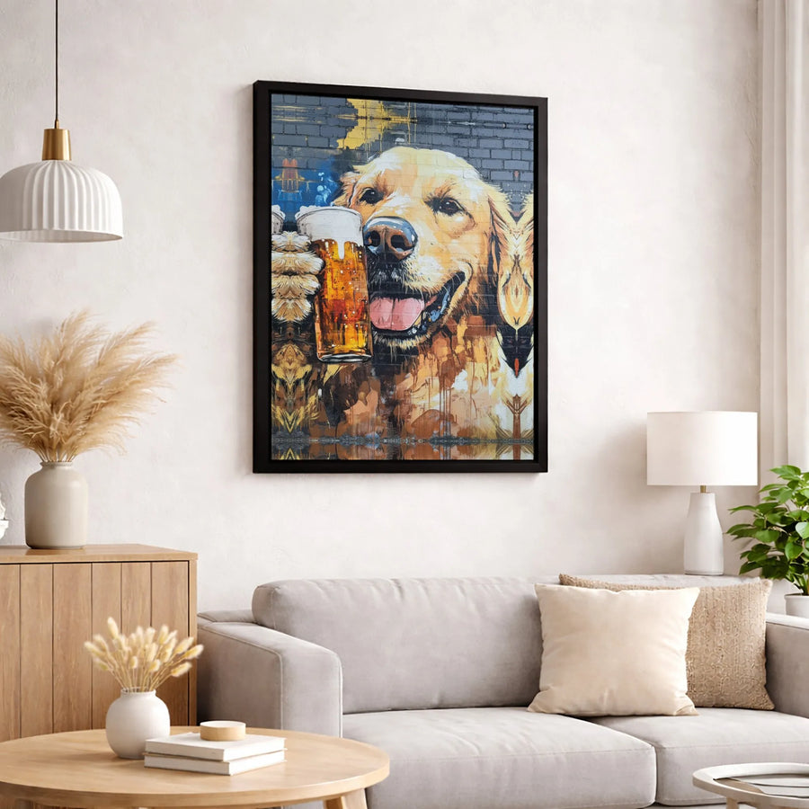 Golden Retriever Beer Canvas Art | Street Graffiti Dog Portrait | Premium 1.25-Inch Gallery Wrap | Funny Man Cave Bar Decor Gift