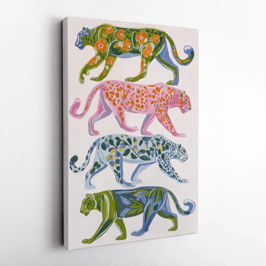 Abstract Leopard Parade Canvas | Colorful Botanical Big Cat Art | Premium 1.25" Thick Gallery Wrap | Eclectic Home Decor Gift for Animal Lovers
