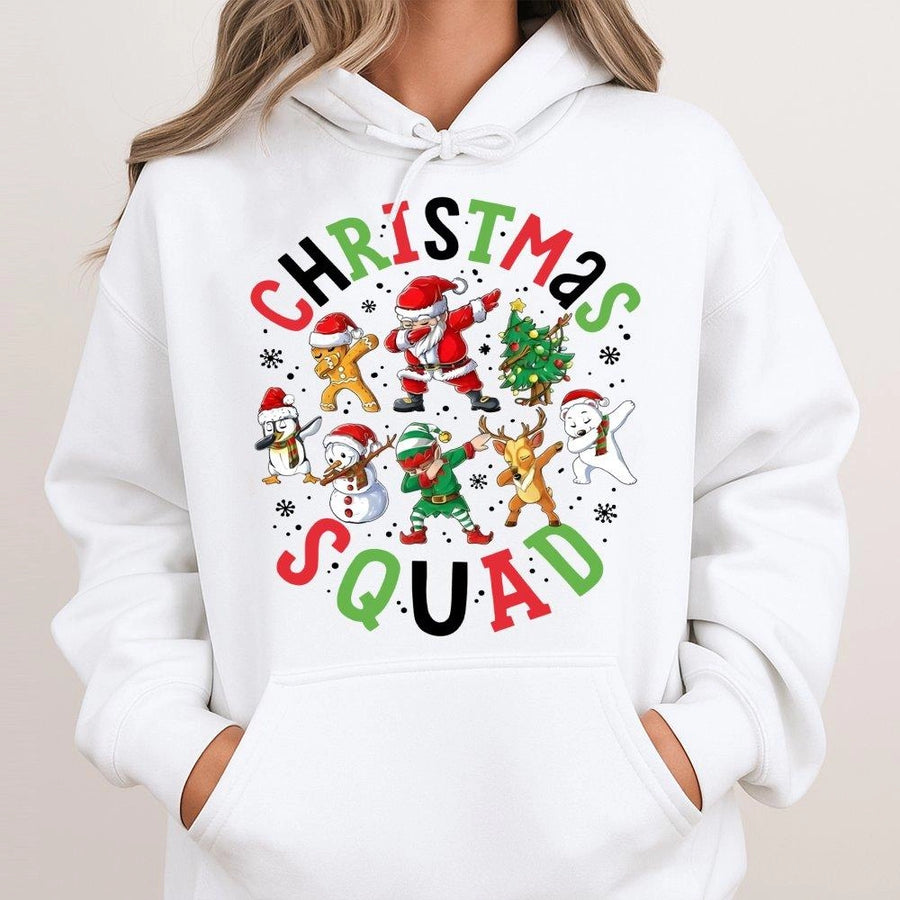 Christmas Squad Hoodie | Dabbing Santa and Friends Graphic | Premium Cotton Blend | Funny Holiday Gift for Family Matching Outfits