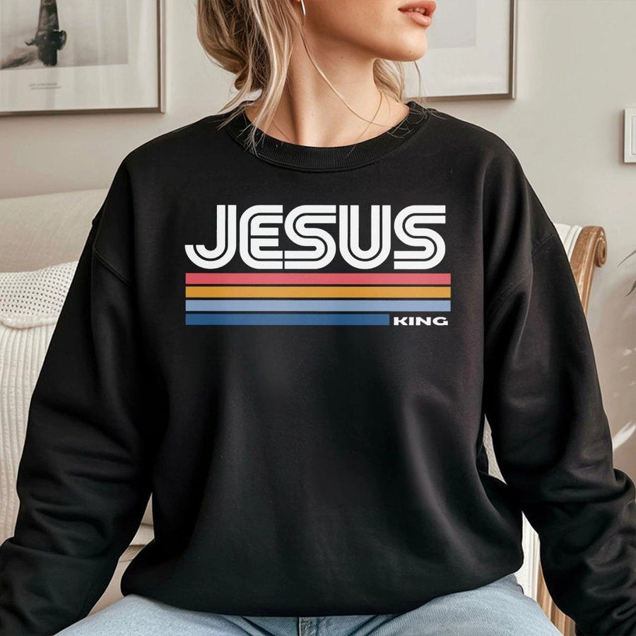 Jesus King Sweatshirt | Retro 70s Style Graphic Design | Premium Cotton Blend | Christian Faith Gift for Men and Women
