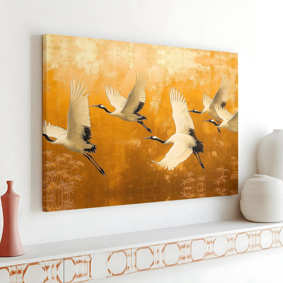 Japanese Red-Crowned Crane Canvas | Golden Asian Wall Art | Premium 1.25-Inch Gallery Wrap | Elegant Home & Office Decor Gift