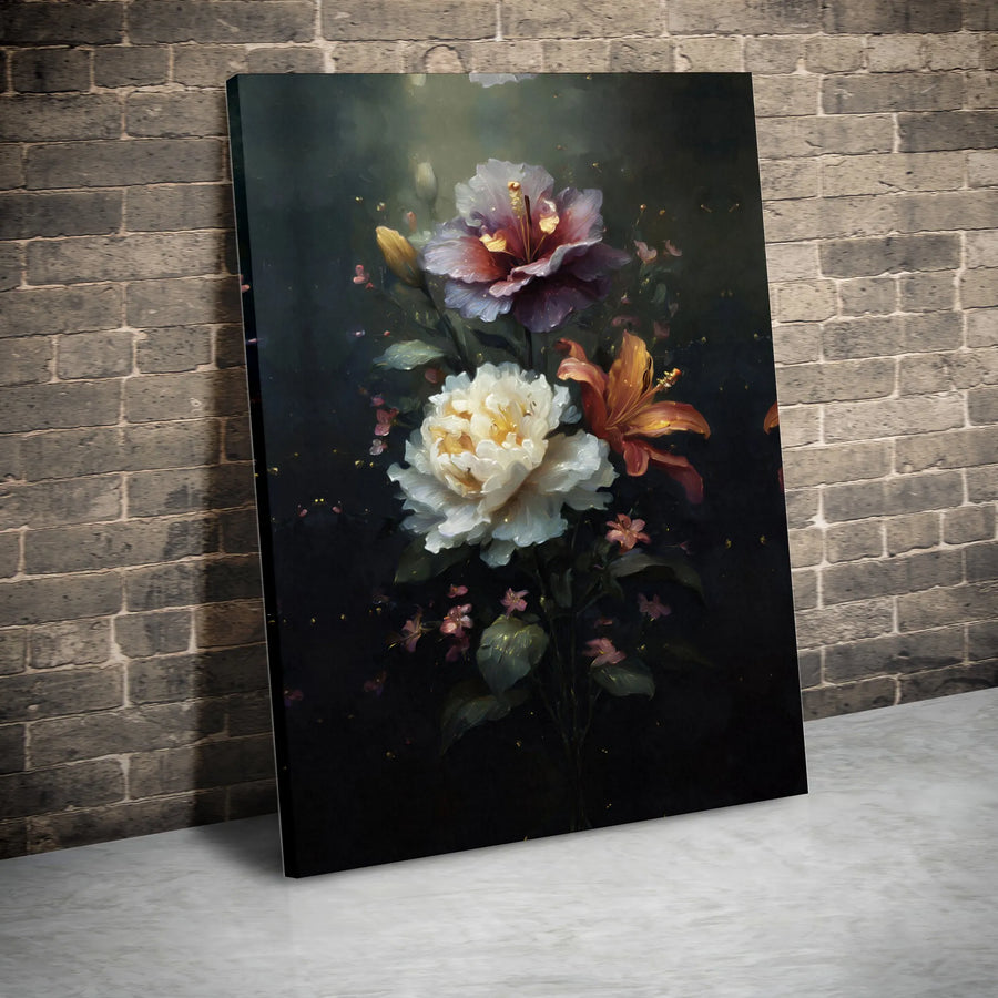 Dark Floral Canvas Print | Vintage Peony & Lily Painting | Premium Gallery Wrapped Canvas | Moody Botanical Home Decor Gift