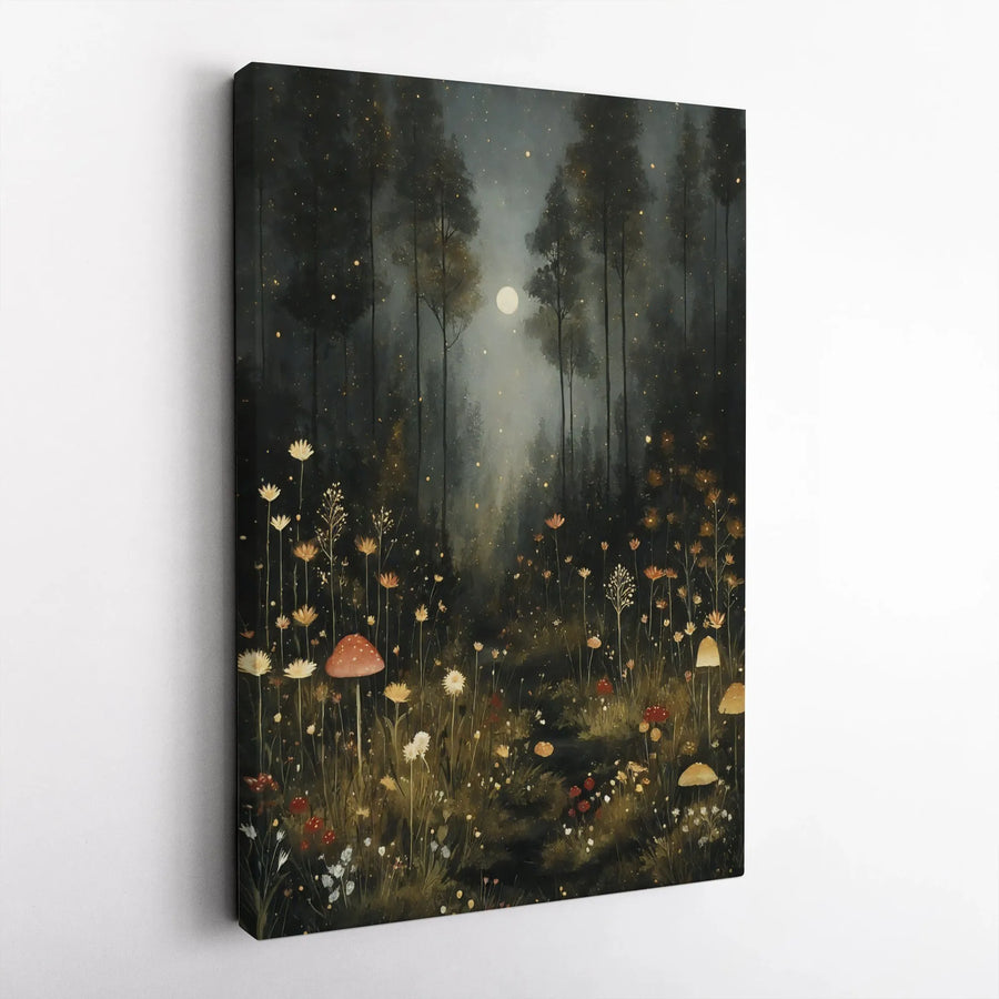 Enchanted Forest Canvas Wall Art | Moonlit Mushroom Meadow Print | Premium Fade-Resistant Gallery Wrap | Whimsical Nature Home Decor Gift