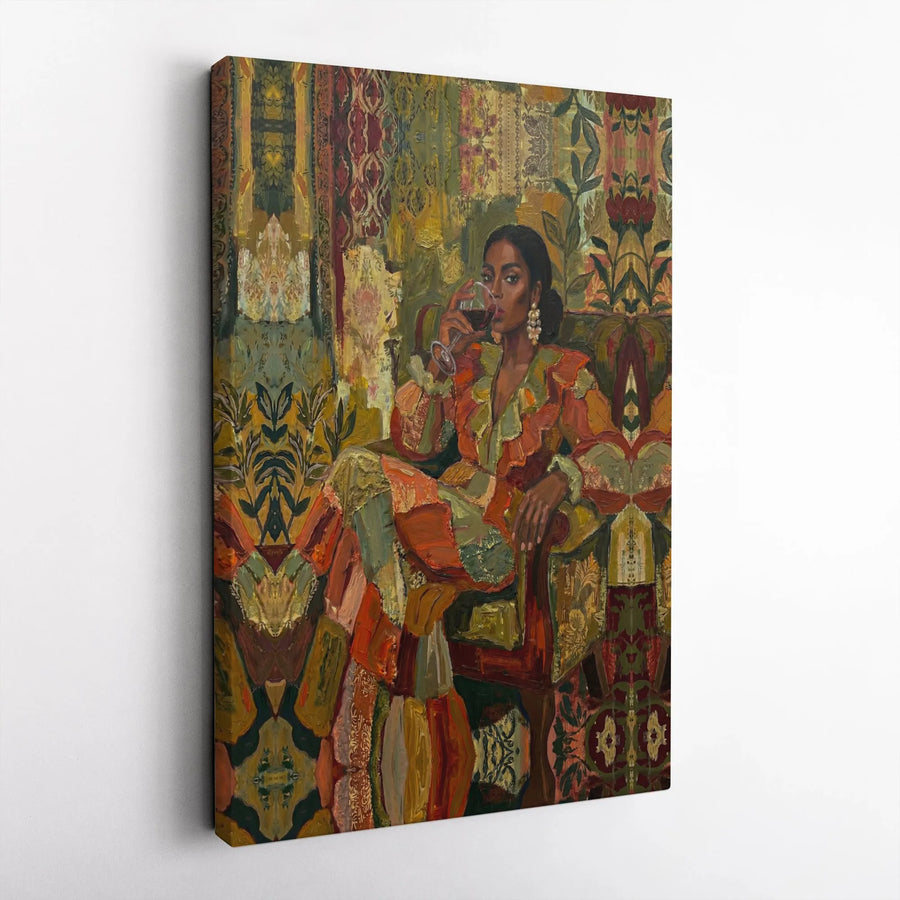 Black Woman Art Canvas Print | Elegant Woman with Wine Portrait | Thick Gallery Wrapped Canvas | Modern Afrocentric Home Decor Gift