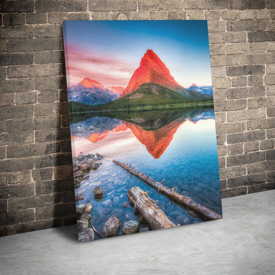 Mountain Lake Landscape Canvas | Red Peak Sunrise Reflection | Premium Gallery Wrapped Wall Art | Nature Decor For Home Or Office