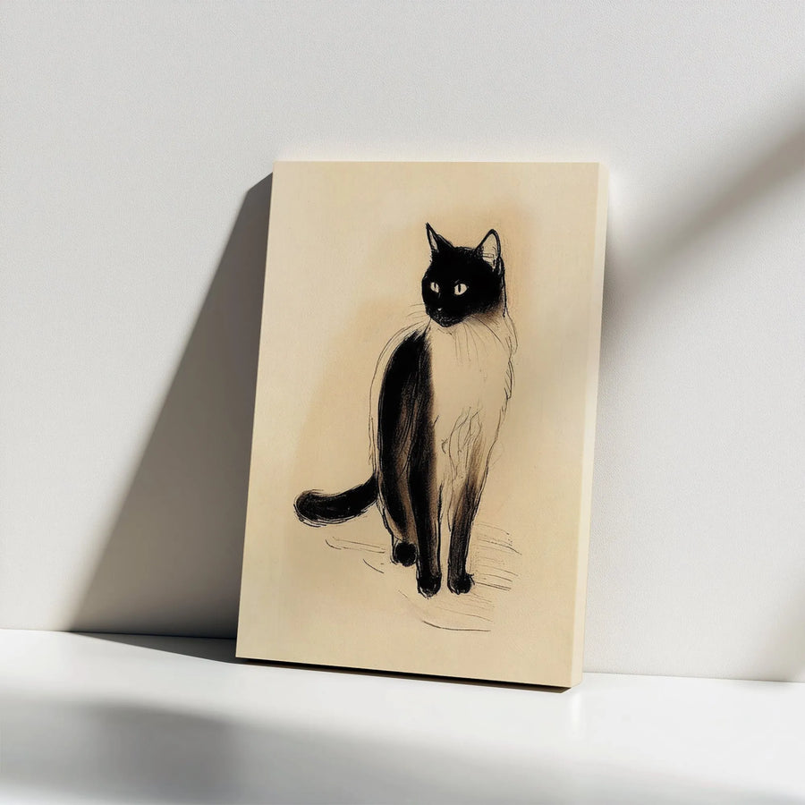 Seated Cat Canvas Wall Art | Vintage Charcoal Sketch Illustration | Gallery Wrap 1.25" Premium Decor | Minimalist Animal Lover Gift