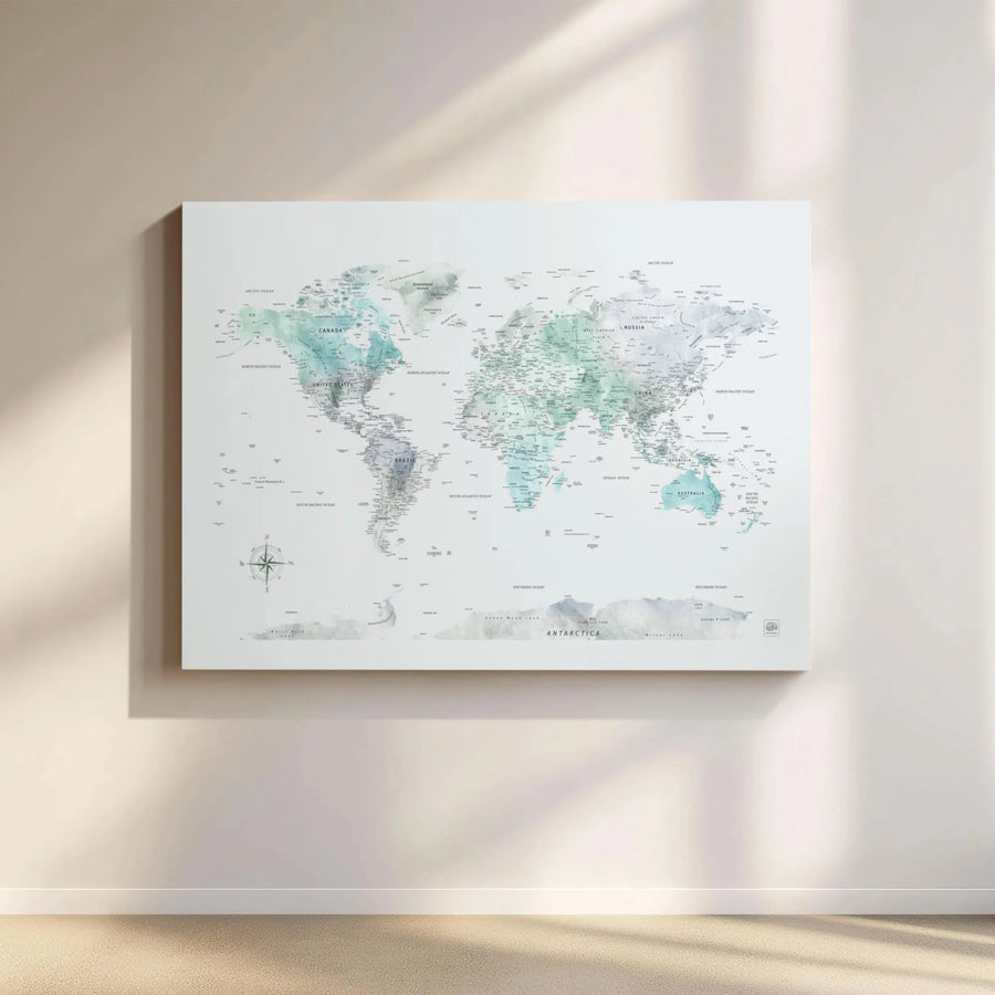 Watercolor World Map Canvas | Teal and Blue Earth Wall Art | Premium Gallery Wrapped 1.25" Profile | Modern Travel Home Decor Gift